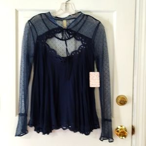 NWT Free People Navy Lace Blouse Boho Stunning Size Small